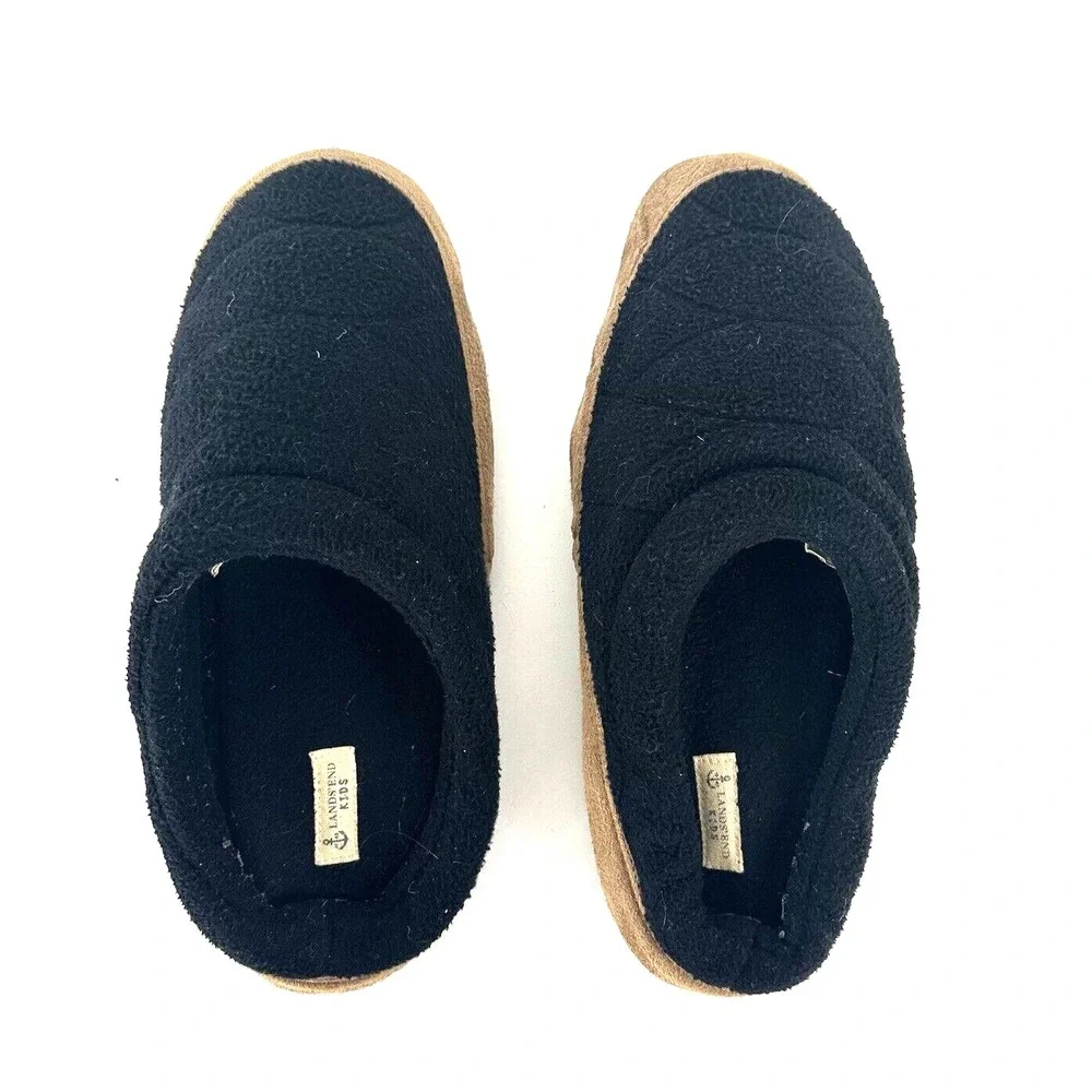 Lands End Fleece Leather Hard Bottom Slippers‎ Navy Blue Youth Adolescent Kids 6